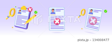 CV reject, refusal to grant a job icon . 3d realistic vector illustrations set, collection. CV reject, refusal to grant a job icon . 3d realistic vector illustrations set, collection. 134008477