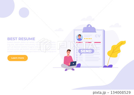Job searching. Send online cv or upload resume, apply for jobs. Employee recruitment data paper. Cartoon Flat Vector illustration for banner, website, landing page, flyer. 134008529
