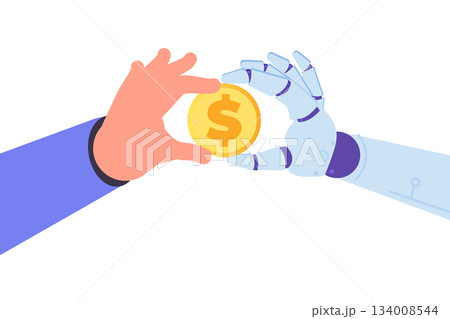 Robot making money for human business. Working with AI, Partnership with a robot concept. Vector illustration. Can use for, landing page, template, web, homepage, poster, banner. 134008544