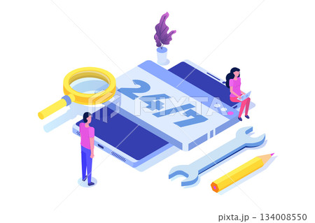 Support or call center 24/7 concept.   Web page or banner design templates.  24 hours open customer service. Vector illustration Isometric. 134008550