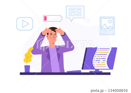 Burnout concept, featuring an exhausted office worker sitting at a desk. Frustrated employee dealing with mental health issues. Vector illustration in flat style. 134008650
