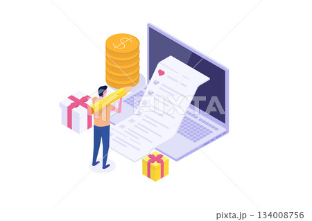 Isometric Online shopping wishlist, add to personalized collection concept. Vector illustration. Isometric Online shopping wishlist, add to personalized collection concept. Vector illustration. 134008756