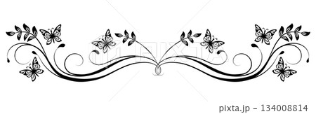 Wave ornament with leaves and butterflies. Text divider. Decorative element for decor and text greeting or invitation card design. 134008814