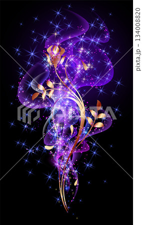 Fantastic golden rose ornament with magical sparkle glowing stars on neon night dark sky background 134008820