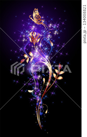 Fantastic golden rose ornament with butterfly and magical sparkle glowing stars on neon night dark sky background 134008821