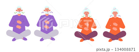 Senior man and Senior woman doing breathing exercises. Vector illustrations for banner, website, landing page, flyer. Senior man and Senior woman doing breathing exercises. Vector illustrations for banner, website, landing page, flyer. 134008871