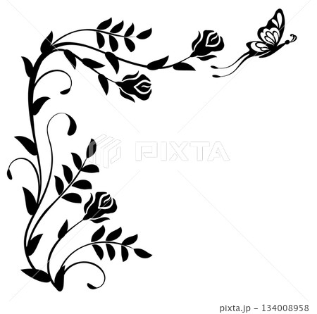 Corner ornament with rose flower, leaves and butterfly. Decorative element for decor and text greeting or invitation card design. Corner ornament with rose flower, leaves and butterfly. Decorative element for decor and text greeting or invitation card design. 134008958