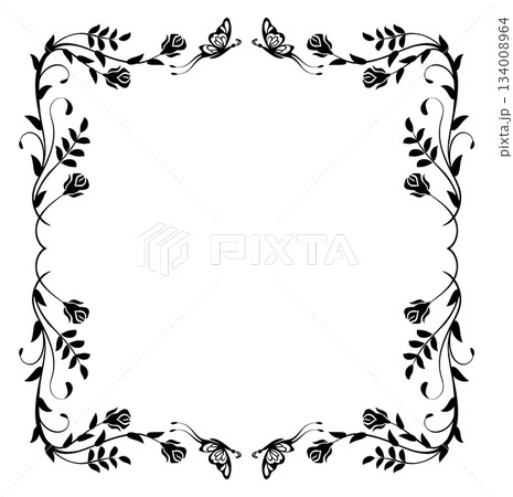 Floral frame ornament with rose flowers, leaves and butterfly. Decorative element for decor and text greeting or invitation card design. 134008964