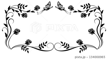 Floral frame ornament with rose flowers, leaves and butterfly. Decorative element for decor and text greeting or invitation card design. 134008965