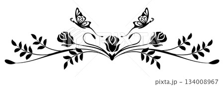 Wave ornament with roses flowers, leaves and butterflies. Text divider. Decorative element for decor and text greeting or invitation card design. 134008967