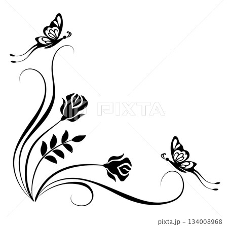 Corner ornament with roses flowers, leaves and butterflies. Decorative element for decor and text greeting or invitation card design. 134008968