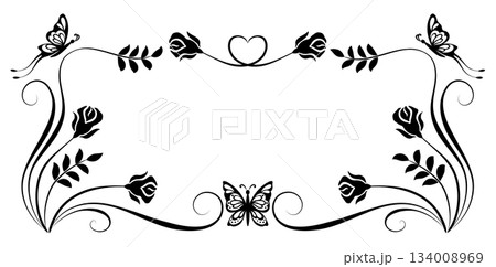 Floral frame ornament with rose flowers, leaves and butterfly. Decorative element for decor and text greeting or invitation card design. 134008969