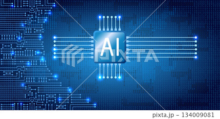 Electronics circuit with binary code. Futuristic digital design, world of artificial intelligence and digital technology for banners, tech backgrounds and innovative branding. 134009081