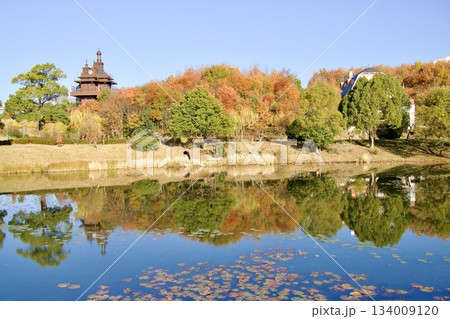 水面に映るジブリパークのエレベーター塔 紅葉の秋景色 水面に映るジブリパークのエレベーター塔 紅葉の秋景色 134009120