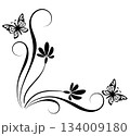 Corner ornament with flowers, leaves and butterfly. Decorative element for decor and text greeting or invitation card design. 134009180