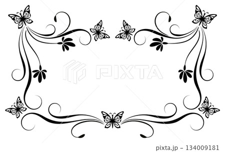Frame ornament with flowers, leaves and butterflies. Decorative element for decor and text greeting or invitation card design. 134009181
