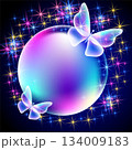 Mesmerizing transparent radiant orb bubble surrounded by ethereal butterflies and a sparkling starry background 134009183