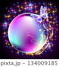Mesmerizing transparent radiant orb bubble surrounded by ethereal butterflies and a sparkling starry background 134009185