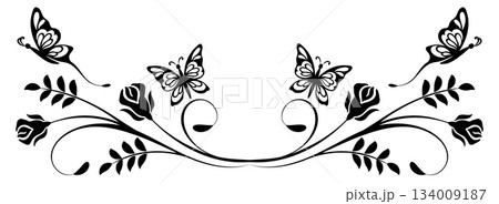 Ornament with rose flowers and butterflies. Text divider. Decorative element for decor and text greeting or invitation card design. 134009187