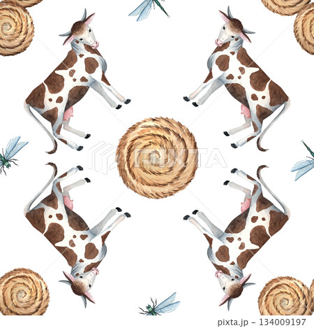 Seamless watercolor pattern featuring cows, hay rolls and dragonflies, ideal for farm themed textiles, childrens materials, packaging, rustic decor. Hand painted with soft natural watercolor textures 134009197