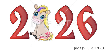 A banner for Chinese New Year 2026, combining an image of a horse and the number 2026, done in a cartoon style 134009331