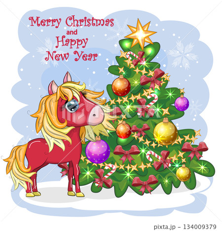 A cute red horse in cartoon style with beautiful eyes, the symbol of the year 2026, near a Christmas tree A cute red horse in cartoon style with beautiful eyes, the symbol of the year 2026, near a Christmas tree 134009379