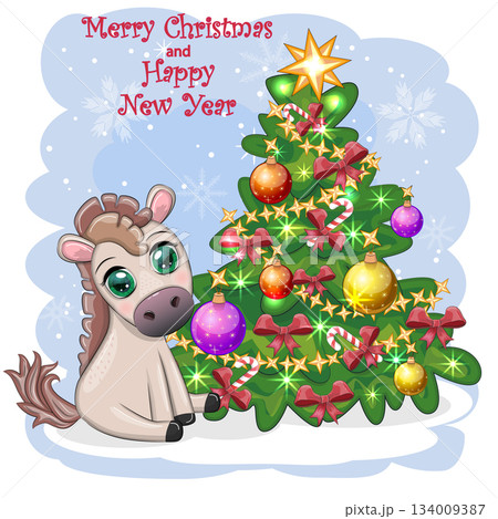 A cute red horse in cartoon style with beautiful eyes, the symbol of the year 2026, near a Christmas tree 134009387