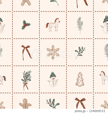 Christmas seamless pattern with horses, pine branches, for tree, bow. Repeat ornament with illustration holly and red berries and sweet cookie gingerbread and snowman on checkered background Christmas seamless pattern with horses, pine branches, for tree, bow. Repeat ornament with illustration holly and red berries and sweet cookie gingerbread and snowman on checkered background 134009531