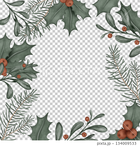 Square frame with hand drawn illustration of green branch of fir tree and holly with red berry. Postcard for New year or Christmas design in muted tones Square frame with hand drawn illustration of green branch of fir tree and holly with red berry. Postcard for New year or Christmas design in muted tones 134009533