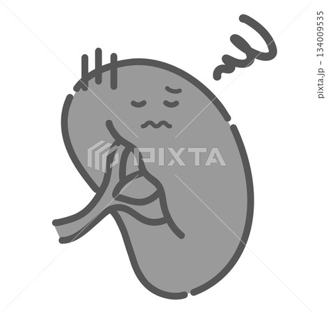 病気や炎症で不調な脾臓のキャラクターイラスト(脾腫・免疫低下) 病気や炎症で不調な脾臓のキャラクターイラスト(脾腫・免疫低下) 134009535
