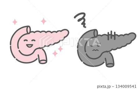 健康な膵臓と不調な膵臓の比較イラスト（キャラクター・糖尿病・膵炎） 134009541