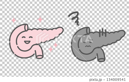 健康な膵臓と不調な膵臓の比較イラスト（キャラクター・糖尿病・膵炎） 134009541