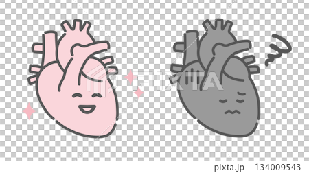 Illustration of a healthy heart compared to a malfunctioning heart (character, cardiovascular disease, high blood pressure) 134009543