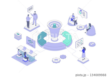 Referral marketing isometric concept in outline isometry design for web. People communicating and recommending, attracting new customers with loyalty program advertisement tools. Vector illustration. 134009988