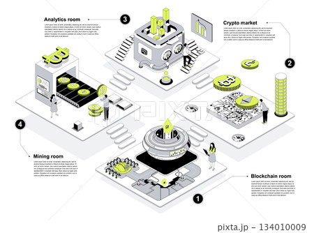 Cryptocurrency market 3d isometric concept in outline design for web. People working in isometry rooms in abstract crypto farms with blockchain technology at bitcoin platform. Vector illustration. 134010009
