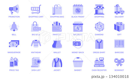 Shopping web icons set in duotone flat design. Pack pictograms with promotion, cart, bag, black friday, delivery, big sale, payment, discount, diamond, gift, money, wallet, price. Vector illustration. Shopping web icons set in duotone flat design. Pack pictograms with promotion, cart, bag, black friday, delivery, big sale, payment, discount, diamond, gift, money, wallet, price. Vector illustration. 134010018