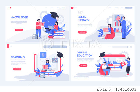 Online education web concept for landing page in flat design. Students reading books at virtual library, gaining knowledge, listening lectures. Vector illustration with people characters for homepage Online education web concept for landing page in flat design. Students reading books at virtual library, gaining knowledge, listening lectures. Vector illustration with people characters for homepage 134010033