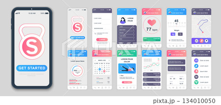 Fitness mobile app screens set for web templates. Pack of user profile, wight or pulse information, online maps, calendar, exercise. UI, UX, GUI user interface kit for cellphone layouts. Vector design 134010050