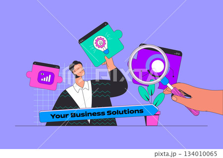Business solution concept in modern flat design for web. Man searching new ideas, analysis plan and making research, brainstorming. Vector illustration for social media banner, marketing material. Business solution concept in modern flat design for web. Man searching new ideas, analysis plan and making research, brainstorming. Vector illustration for social media banner, marketing material. 134010065