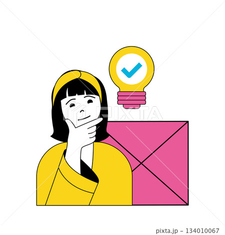 Design development concept with cartoon people in flat design for web. Woman brainstorming and sending product presentation emails. Vector illustration for social media banner, marketing material. 134010067