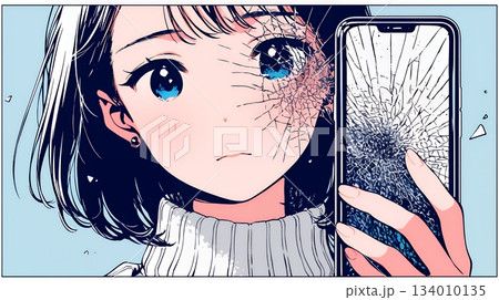 画面が壊れたスマホを手に持つ若い女性