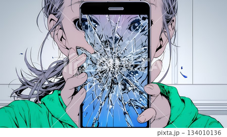 画面が壊れたスマホを手に持つ若い女性