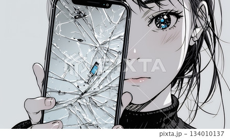 画面が壊れたスマホを手に持つ若い女性