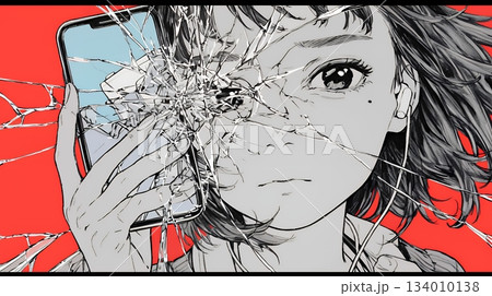 画面が壊れたスマホを手に持つ若い女性