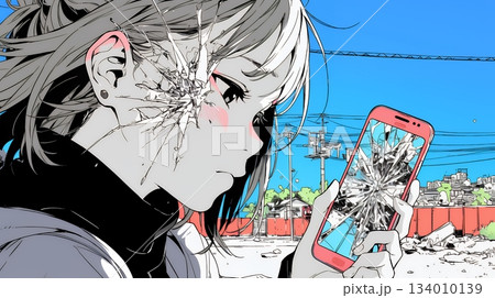 画面が壊れたスマホを手に持つ若い女性