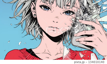 画面が壊れたスマホを手に持つ若い女性