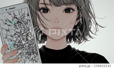 画面が壊れたスマホを手に持つ若い女性