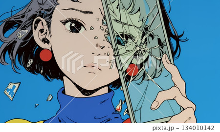 画面が壊れたスマホを手に持つ若い女性