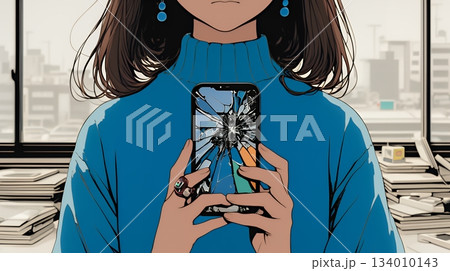 画面が壊れたスマホを手に持つ若い女性