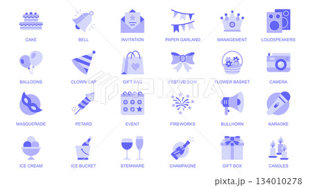Party web icons set in duotone flat design. Pack pictograms with cake, bell, invitation, paper garland, balloons, clown cap, gift box, festive bow, flower bucket, camera, other. Vector illustration. Party web icons set in duotone flat design. Pack pictograms with cake, bell, invitation, paper garland, balloons, clown cap, gift box, festive bow, flower bucket, camera, other. Vector illustration. 134010278